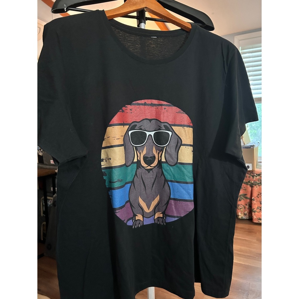 Dachshund Dog Sunglasses Retro Rainbow Sunset Graphic T-Shirt Black Womens L